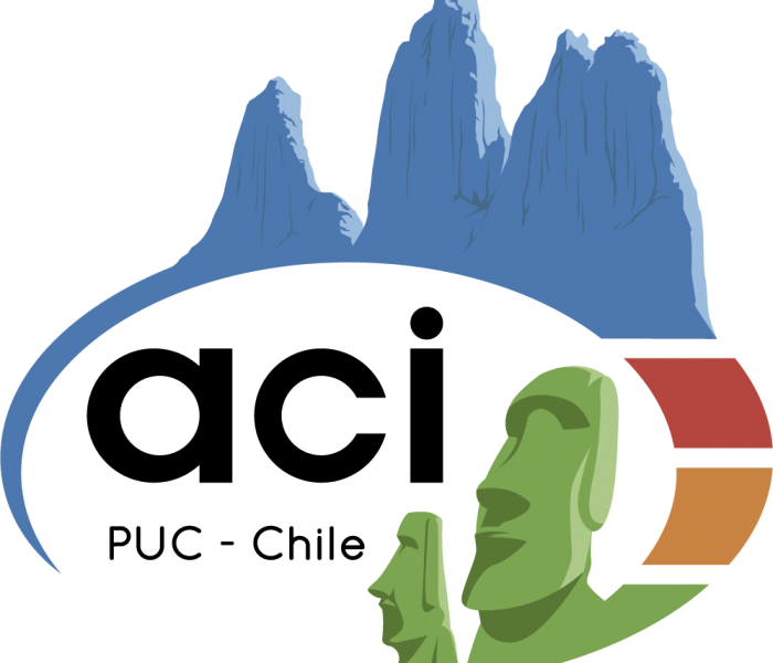 Logo ACI PUC-Chile el cual contiene moais y la cordillera de los Andes