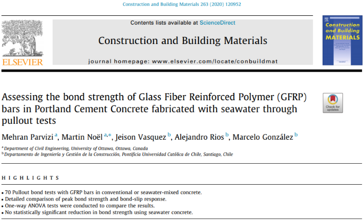 Artículo publicado en la revista Construction and Buildings Materials: “Assessing the bond strength of Glass Fiber Reinforced Polymer (GFRP) bars in Portland Cement Concrete fabricated with seawater through pullout tests”